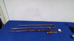 2 canes (1 with dog head) and a walking stick with a fish whistle hanging on it