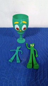 Gumby glass and 2 bendable Gumbys
