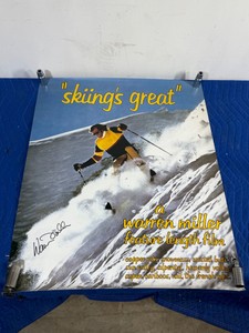 original promotional theatrical movie poster for Skiings Great, a 1973 feature-length documentary directed by the iconic extreme sports filmmaker Warren Miller - also signed by Warren Miller