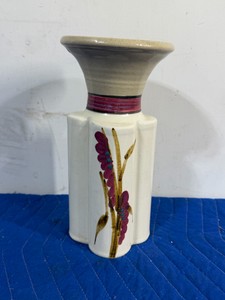 vintage Gordon Krause handmade studio pottery vase adorned with an etched and hand-painted cattail motif