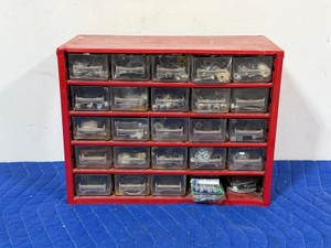Metal framed hardware organizer full of hardware