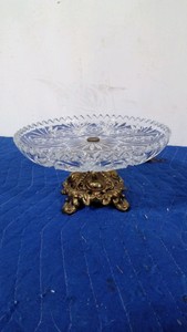 Antique footed lead crystal platter with a brass base