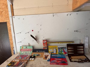Lot of Board Games and More - Monopoly - Guess Who - Clue - Cribbage Board - Funny Face Domino Game - Pictionary - Jenga - Pictionary - Advanced Mastermind - Chrckers - Sorry - Vintage Congress Playing Cards - Suitcase with Backgammon & More