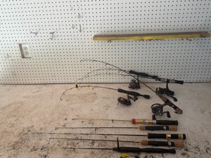 Lot of Ice Fishing Rods and Reels with 5 Gallon Pail with Rod Holders