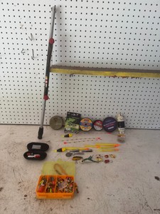 Lot of Ice Fishing Equipment and More  - Double Sided Tackle Box Full of Ice Jigs - Bobbers - Vintage Ice Stick with Vintage Bobber - Fishing Line - Sinkers - Wood Fly Fishing Lures and More