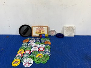 Lot of Collectibles - Ashtrays - Crappie Flop Buttons - Cigar Box and Matches