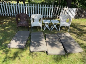 3 - Wicker Chairs - 2 Plastic Fold up Tables and 4 Cushions