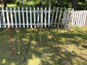 4 - Metal Camping Cup Holders and 1 Camping Tripod Cast Iron Stand