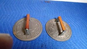 2 cast iron bacon presses with wood handles