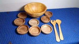 Large Wooden salad bowl with 8 wooden individual bowls and wooden salad serving fork & spoon