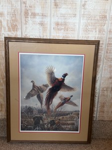Framed, signed and numbered print by James Meger - Pheasants and old farmhouse - 10761950