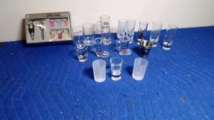 Lot of advertised shot glasses, genuine leather wine gift set and more