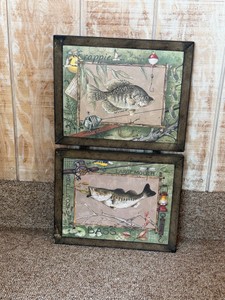 vintage-style vertical ladder multi-frame fishing sign featuring wildlife illustrations by artist Anita Phillips.