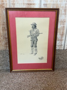 framed, ink-sketch reproduction of The Half Breed by American artist Charles Marion Russell.