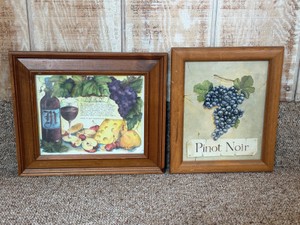 vintage wood-framed wine art set popular for traditional and farmhouse-style kitchen or dining room decor.