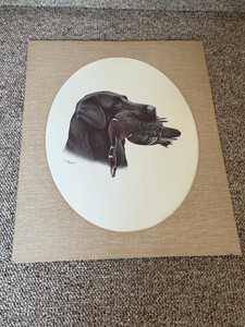 print is signed by artist Louis Frisino and depicts a black Labrador retrieving a duck.