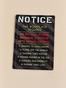 Metal sarcastic workplace novelty sign that mocks office drama and professional slacking by framing them as physical workouts