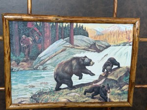 Framed Wildlife Picture of Bears in the River Catching Salmon with Hunters Coming Up on the Bank on the Opposite Side by Philip R. Goodwin