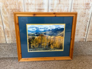 Framed art print features a scenic photograph of Colorado golden aspens and Rocky Mountain landscapes
