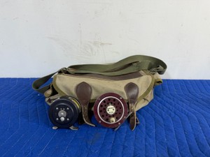 Vintage Orvis fly fishing tackle bag and 2 fly fishing reels