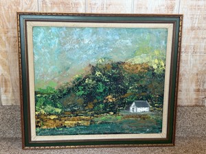 Oil painting features a textured landscape with a small white structure nestled among dark foliage under a light blue sky