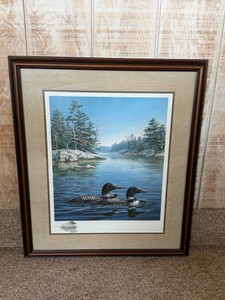 First Light limited edition art print by wildlife artist James Meger (signed), featuring a pair of common loons - 162750