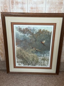 Framed, Signed and Numbered Print by Wayne Meineke - Pheasants Flying on Edge of Field- 144700