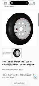 480-12 Bias Trailer Tire   990 lb Capacity - 4 on 4   Load Range C