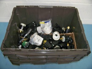 Large LOT of Miscellaneous Power  AC Replacement Grounding Plugs & Plastic Storage Tote