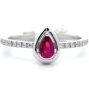 0.39 Carat Natural Ruby Pear Bezel & Diamond Ring in 14k White Gold VIDEO