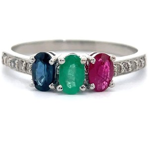 Oval Natural Blue Sapphire, Emerald & Ruby Three-Stone Natural Diamond Ring VIDEO