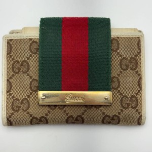 Gucci GG Canvas Web Stripe Compact Wallet in BeigeEbony with Cream Leather Trim