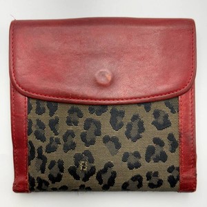Fendi Leopard Print Canvas & Red Leather Bifold Wallet with Coin Compartment