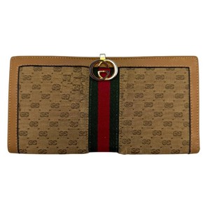 Gucci GG Canvas Web Stripe Interlocking G Continental Wallet in BeigeEbony with Tan Leather Trim Pre-Owned Retail $850