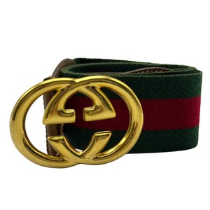 Gucci Interlocking GG Web Belt in Green & Red Canvas w Gold-Tone Buckle (Size 8534) Pre-Owned Retail $520