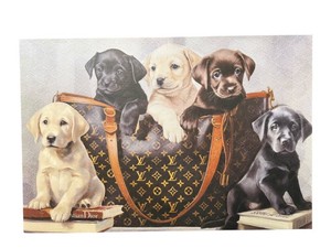 Designer Inspired Puppy Canvas Wall Art Featuring Louis Vuitton Inspired Tote, Gucci GG Background &amp Dior Book Accent - 36 x 24