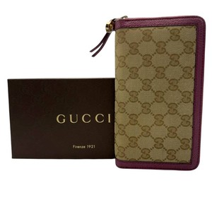 Gucci GG Canvas Zip-Around Wallet in BeigeEbony w Pink Leather Trim & Box Pre-Owned Retail $695