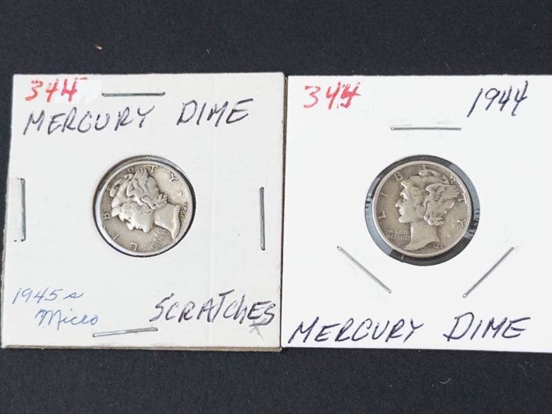 1944, 1945-S micro s with scratches Mercury dimes