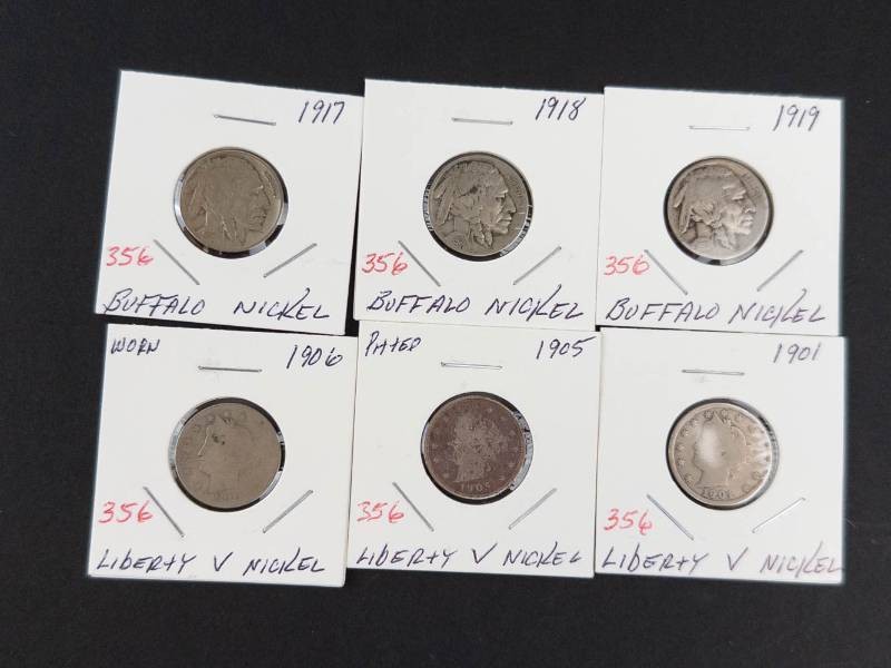 1901, 1905 (pitted), 1906 (worn), 1917, 1918, 1919 nickels