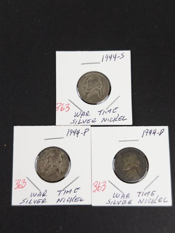 1944 P-D-S silver war nickels
