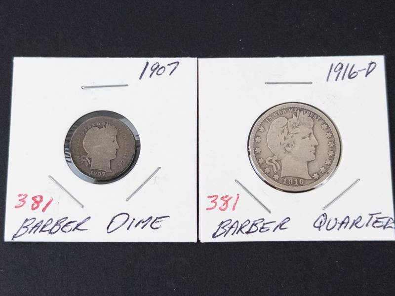1916-D Barber quarter, 1907 Barber dime