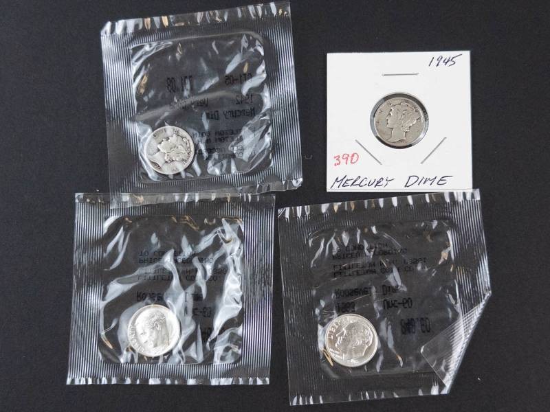 3 Littleton packaged silver dimes 1942, 1963-D, 1963-D plus1945 Mercury dime