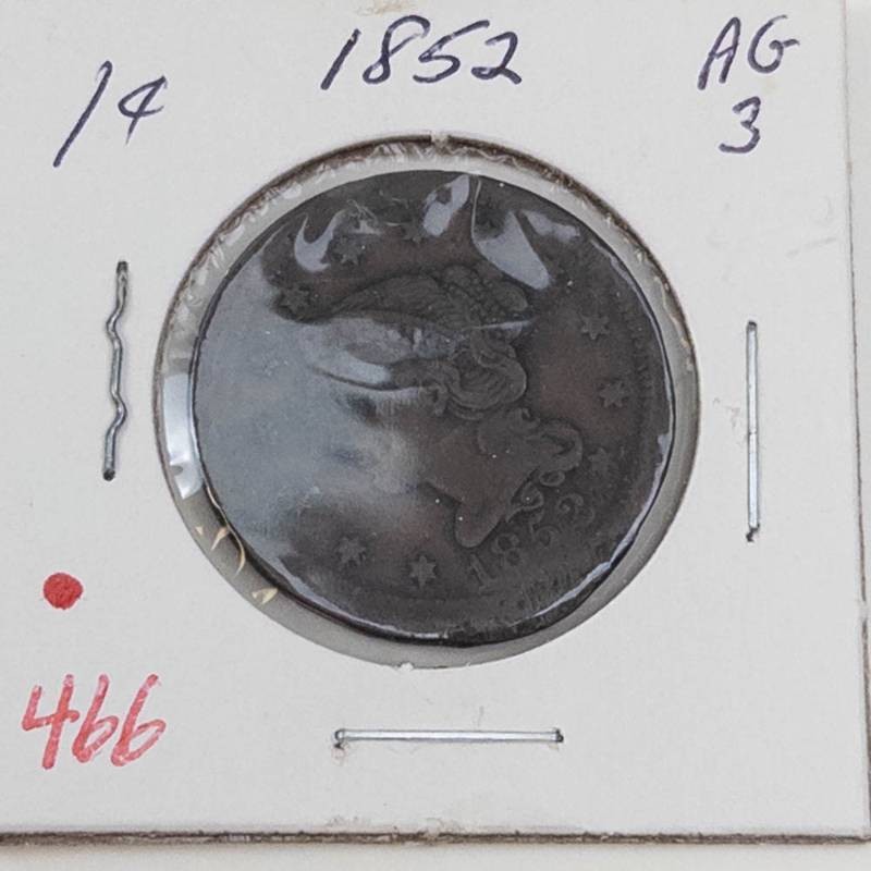 1852 US Large cent, rim damage