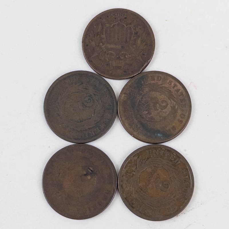 1 bag of 5 low grade 2 cent pieces