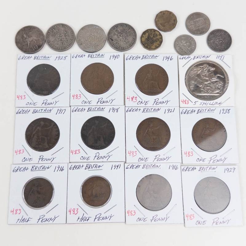 11) different Great Britian coppers 1916 thru 1946 plus 1951 5 Shilling and 9 others