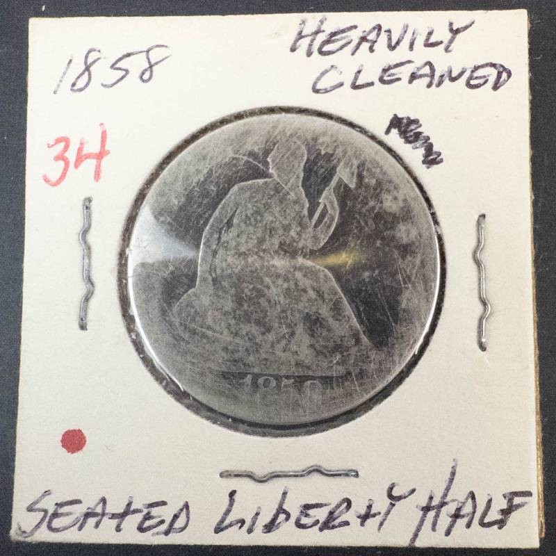 1858 Seated Liberty Half Dollar, heavily cleaned