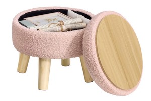 Storage Ottoman, Foot Stool, Round Ottoman with Padded Seat, Foot Rest with Wood Legs, Small Table, 12.2 Inches, Teddy Fleece, Jelly Pink