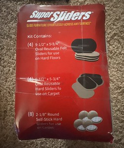 Super Sliders 16 Pack of Furniture Slides Felt Sliders, 4 Oval shaped 9.5 x 5.75 , 4 sized 9.5 x 5.75 oval shaped hard plastic, 8 sized 2-18 round self stick hard sliders for carpet