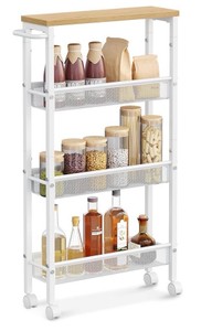 VASAGLE Slim Rolling Cart, 4-Tier Storage Cart, Narrow Cart with Handle, 5.1 Inches Deep, Metal Frame, for Kitchen, Dining Room, Living Room, Home Office, Oak Beige and Classic White