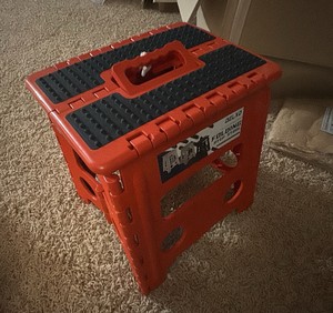 Folding Step Stool, Red and Black Hard Plastic, Good Quality, Sturdy, Collapses for Easy Storage